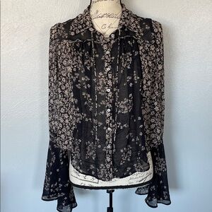 Free People Black Floral Sheer Button Front Blouse Long Sleeve Size XS